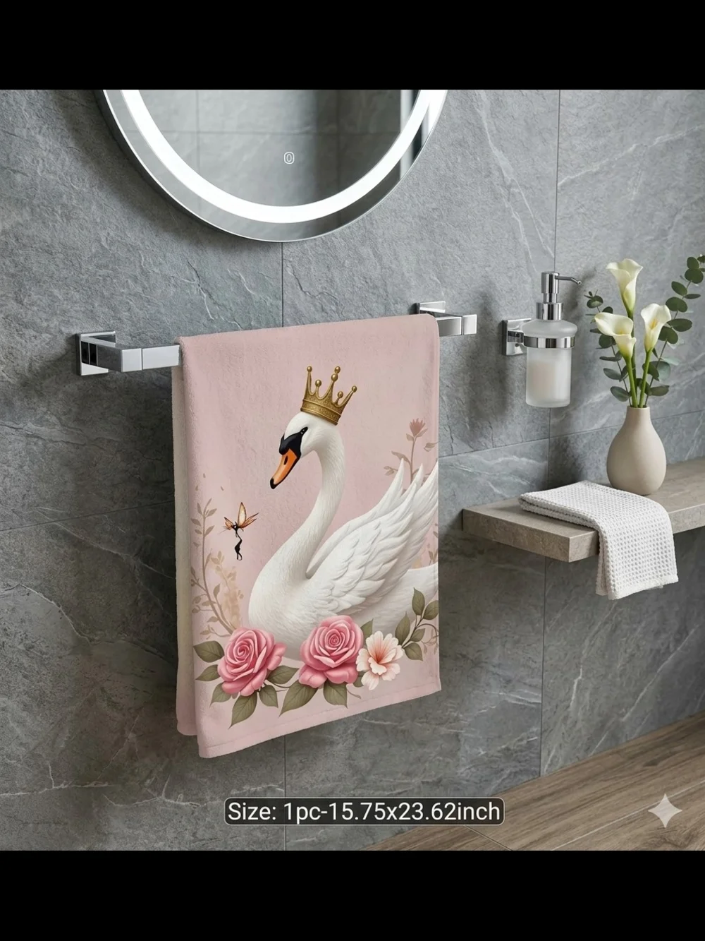 Pink Swan Crown Decorative 2D Bath Hand Towel